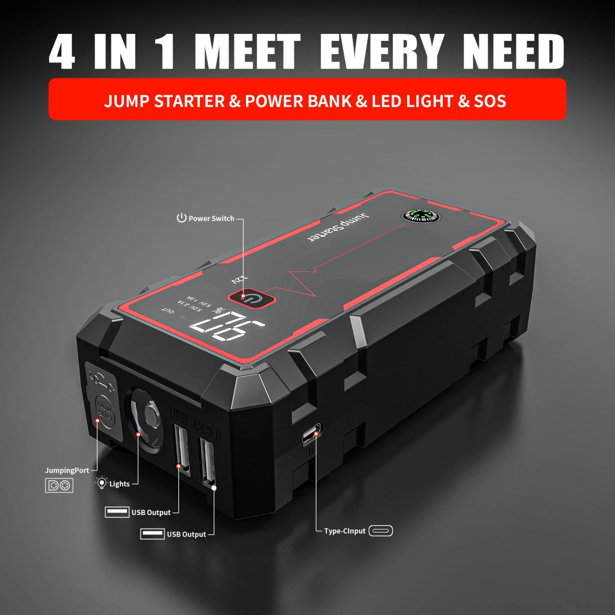 Draagbare autostarter 12000mAh 1600A voor 12V voertuigen 4
