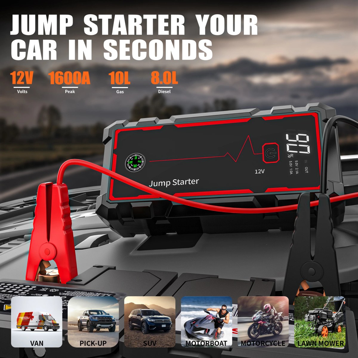 Draagbare autostarter 12000mAh 1600A voor 12V voertuigen 6
